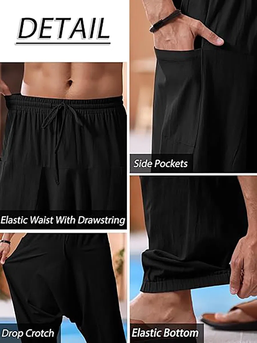 Runcati Pantaloni harem da uomo in cotone baggy hippie, casual, in lino, da spiaggia, da cavallo profondo