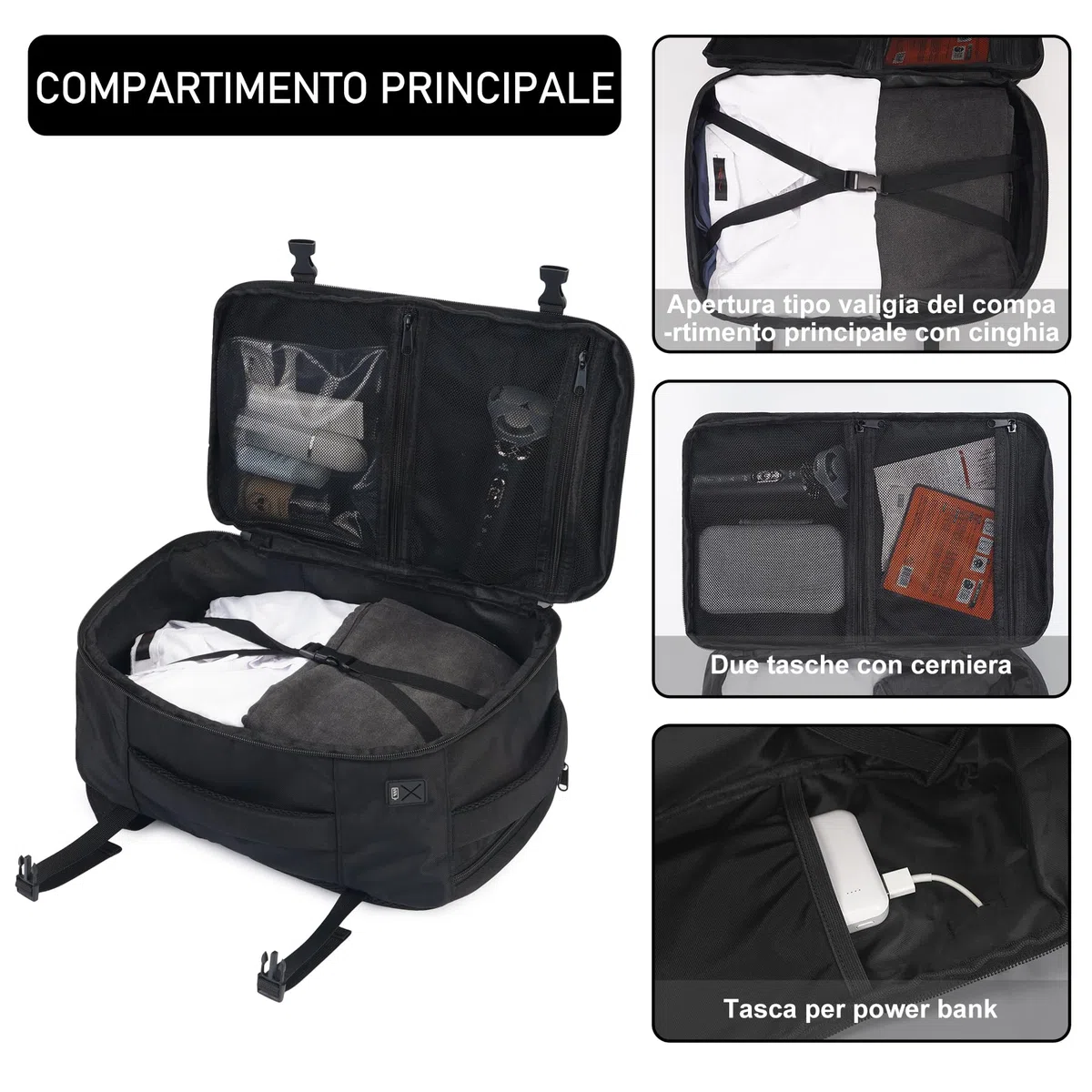 ECOHUB Zaino Ryanair 40x20x25 Zaino da Viaggio 13 Tasche Bagaglio a Mano Zaino Valigia Sotto il Sedile Maniglia Borsa Ryanair Aereo Ecologica in PET Riciclato da 20 Litri, Brevettato(Nero)