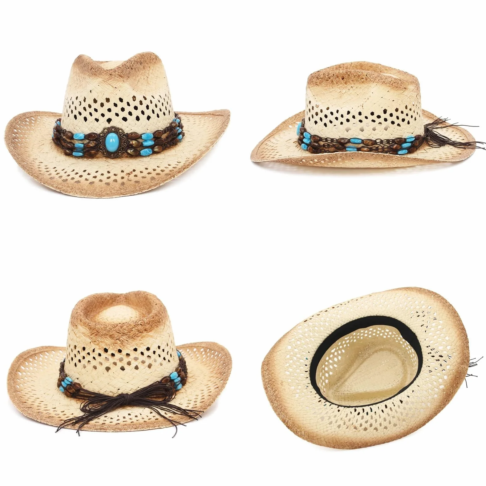 GEMVIE Cappello da Cowgirl in Paglia da Donna, Cappello da Cowboy da Spiaggia, Cappello da Sole, Cappello da Cowboy Estivo