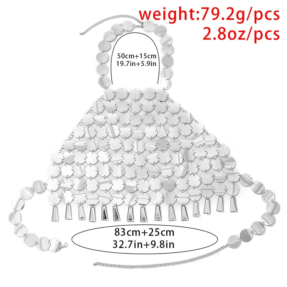 1Pc Argento Paillettes Bikini Top Estate Spiaggia Nappa Plastica Vestito Halter Schiena Scoperta Crop Top Reggiseno Sexy Catena Corpo Canotte Traforate Gioielli Catene Petto per Donne Nightc