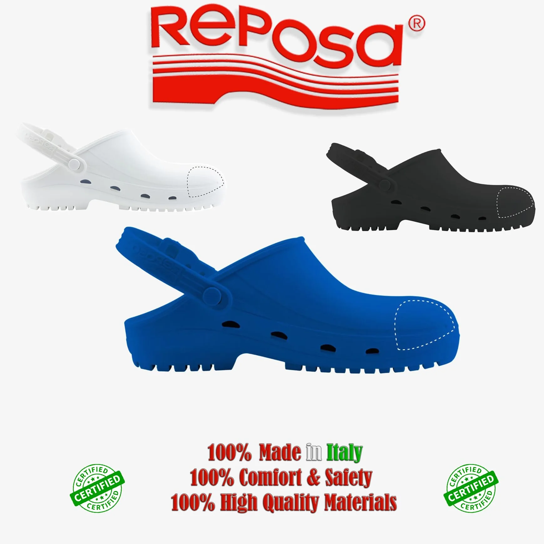 REPOSA Safe - Zoccoli Sanitari Donna e Uomo in Gomma, Ciabatte Sanitarie Anatomiche con Laccetto Regolabile, Suola Antiscivolo e Puntale di Sicurezza in Acciaio, Scarpe Sanitarie Antishock Traspiranti