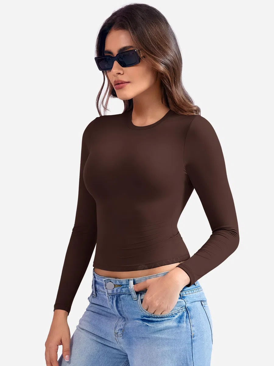 ZAAYO Maglia a maniche lunghe basic sportiva da donna, a compressione, a maniche lunghe