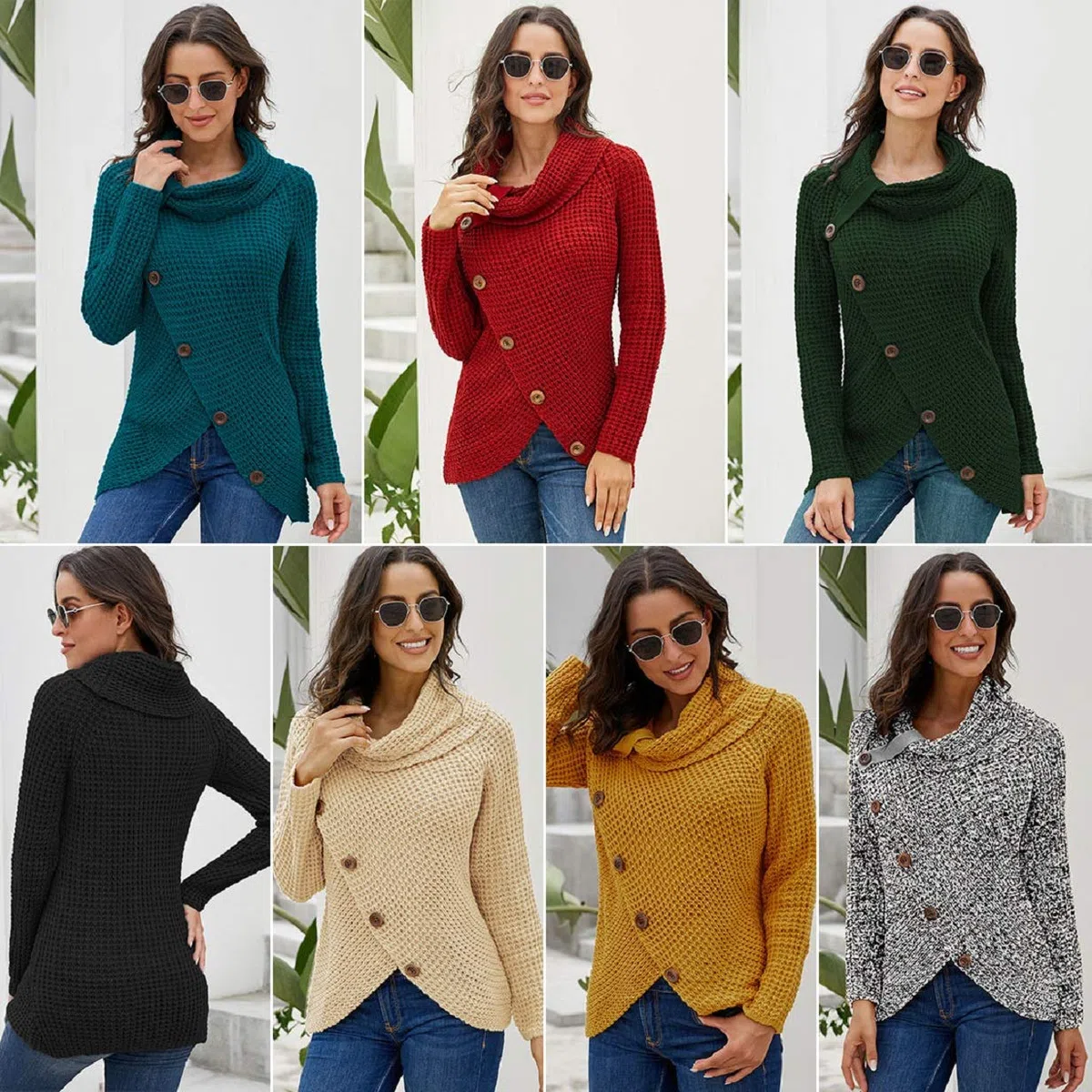 Tuopuda Maglione Donna Felpa Ragazza Asimmetrica Sweatshirt Collo Alto Pullover Elegante Casual Tops Maniche Lunghe Maglione Autunnale Invernale Primavera con Bottoni Natale