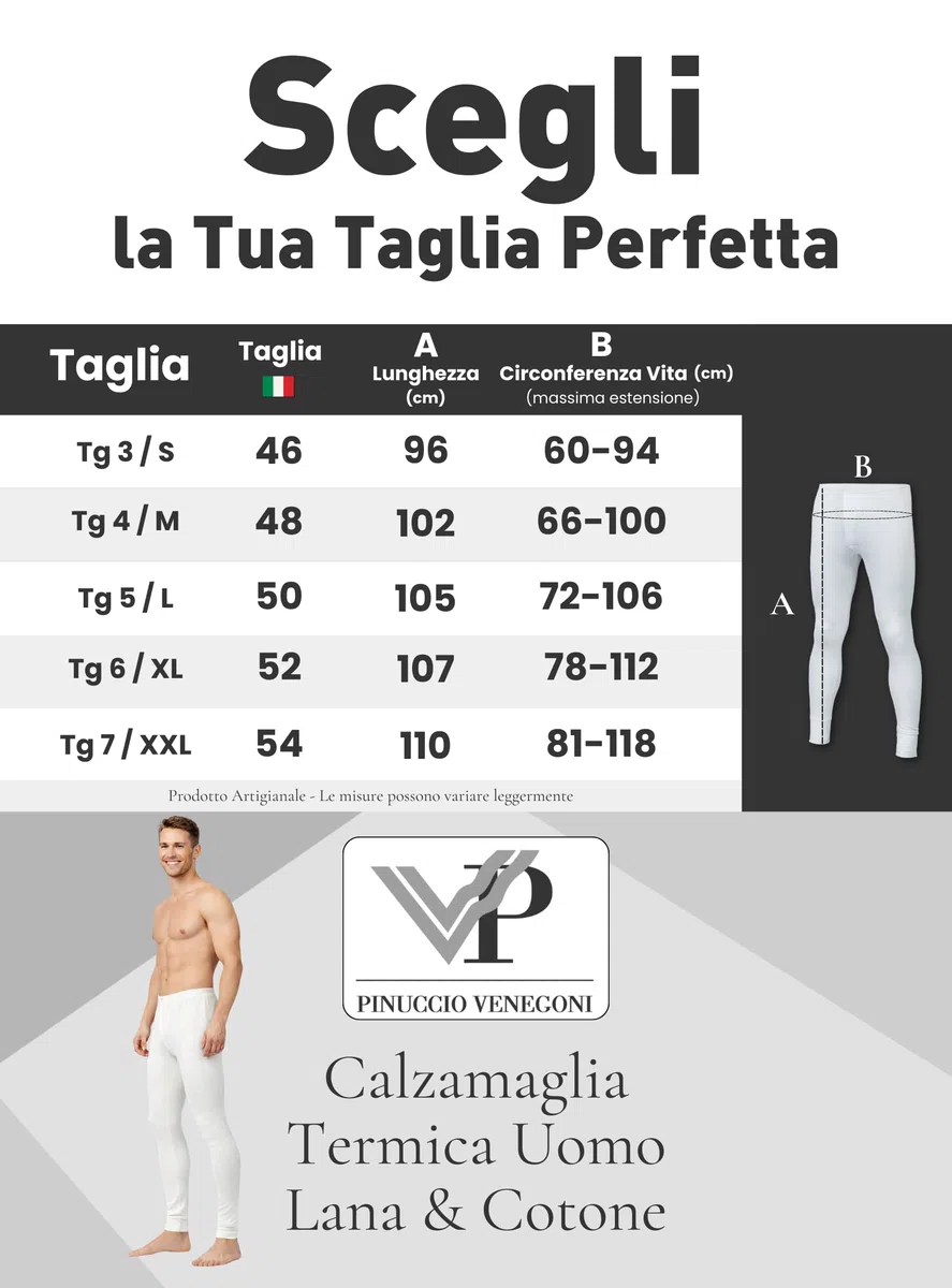 VP PINUCCIO VENEGONI Set 2 Mutande in Lana e Cotone | Calzamaglia Termica Uomo Made in Italy, Intimo Invernale con Polsino, Boxer Lunghi