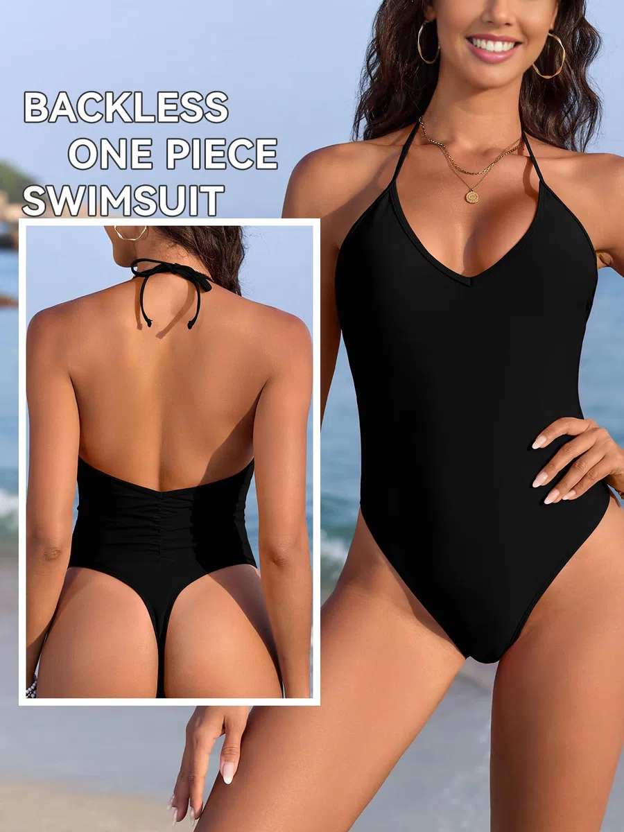 SHEKINI Costume intero da bagno da donna con scollo a V, allacciatura al collo, con schiena scoperta e taglio alto, sexy, tanga monokini, costume da bagno
