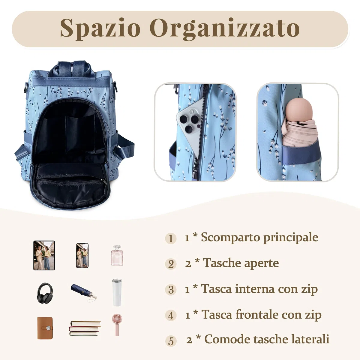 Donna Zaino Antifurto Casuale Signora Zainetto Tasche Multiple Zaini Borse a Tracolla Impermeabile Poliestere Backpack Lavoro Università Viaggio Daypack Blu