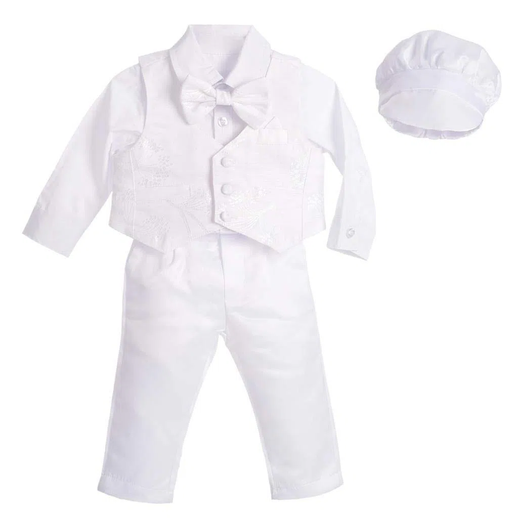 Lito Angels - Completo Abito Bianco da Battesimo per Bimbo, 5 Pezzi Set (Gilet, Camicia, Pantaloni, Papillon e Cappello), Manica Lunga, Floreale