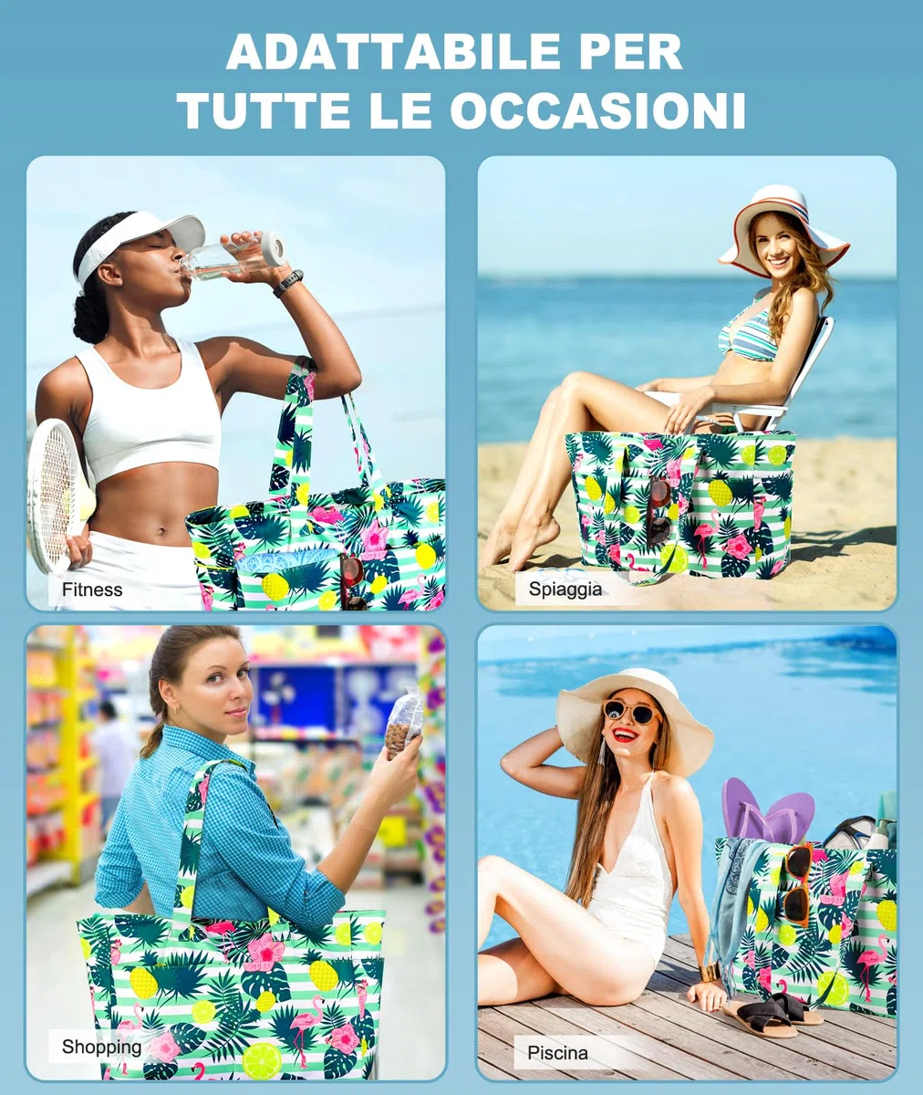 ISEYOU Borsa Mare Grande XXL Famiglia, Borsa Spiaggia con Chiusura Zip e Impermeabile, Leggera e Pieghevole, Multitasche ad Ampia Capacità Borsello Tracolla Donna per Shopping, Viaggio, Campeggio