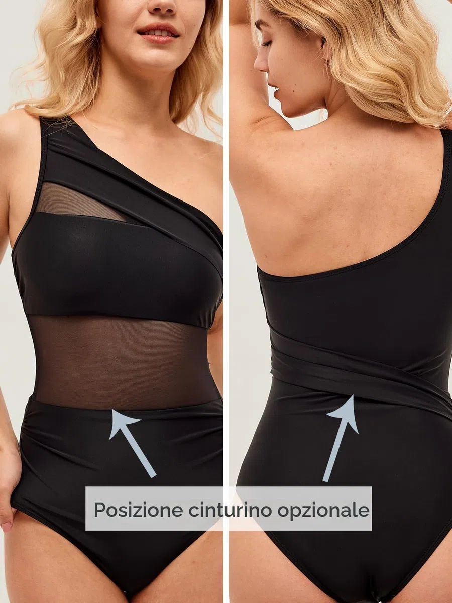 CUPSHE, Costume da bagno intero da donna per il controllo della pancia, increspato sul collo, asimmetrico con una sola spallina, in rete