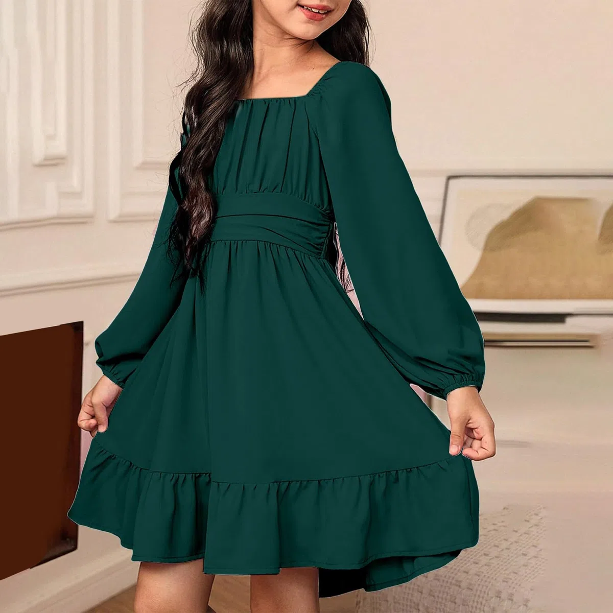 Vestito da festa per ragazze elegante autunno manica lunga cravatta indietro volant principessa matrimonio compleanno vestito bambini tinta unita una linea abiti casual