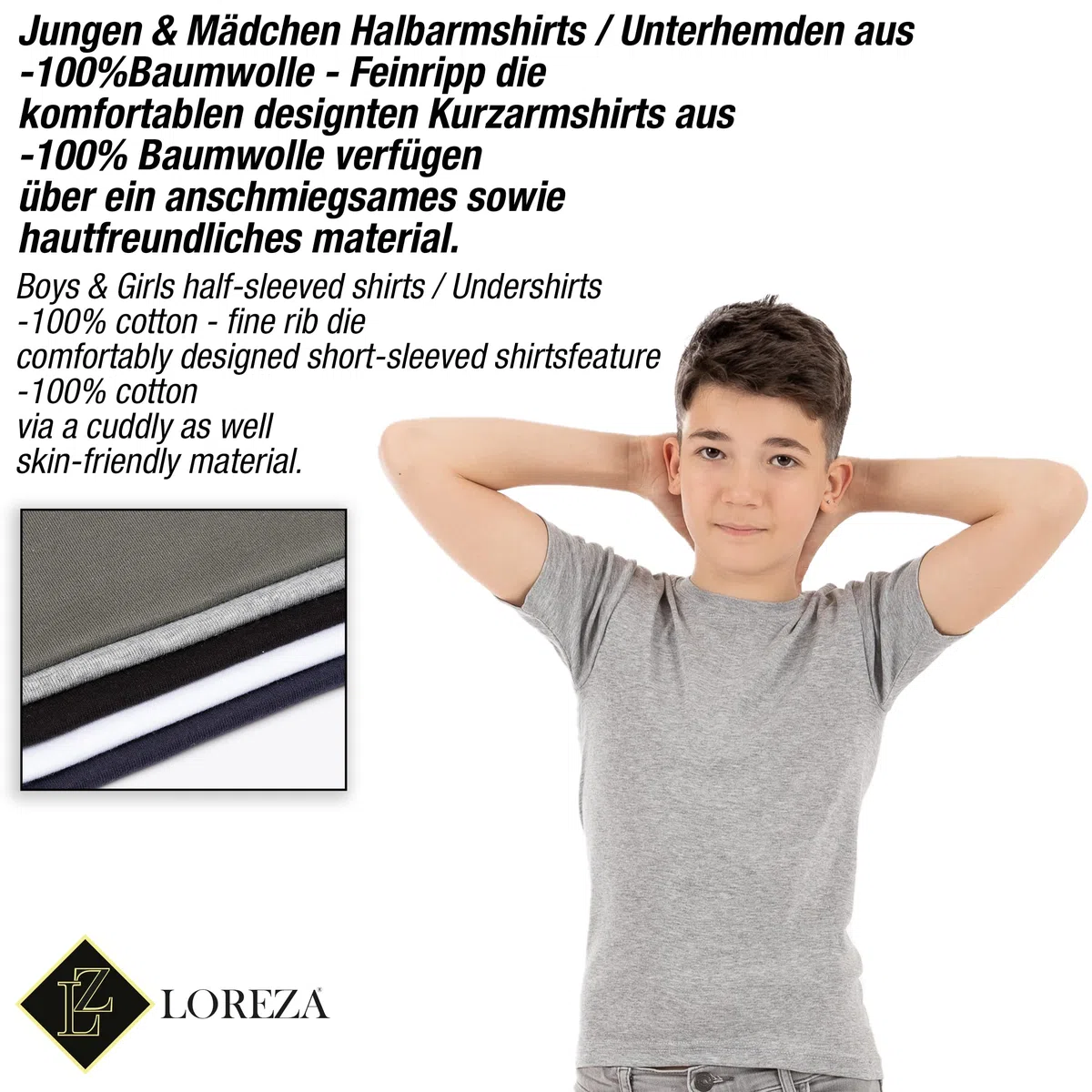LOREZA ® 5 Bambini Ragazzi Ragazze Maglietta Canottiere Intima a Maniche Corte 100% Cotone a Coste Fini Unisex
