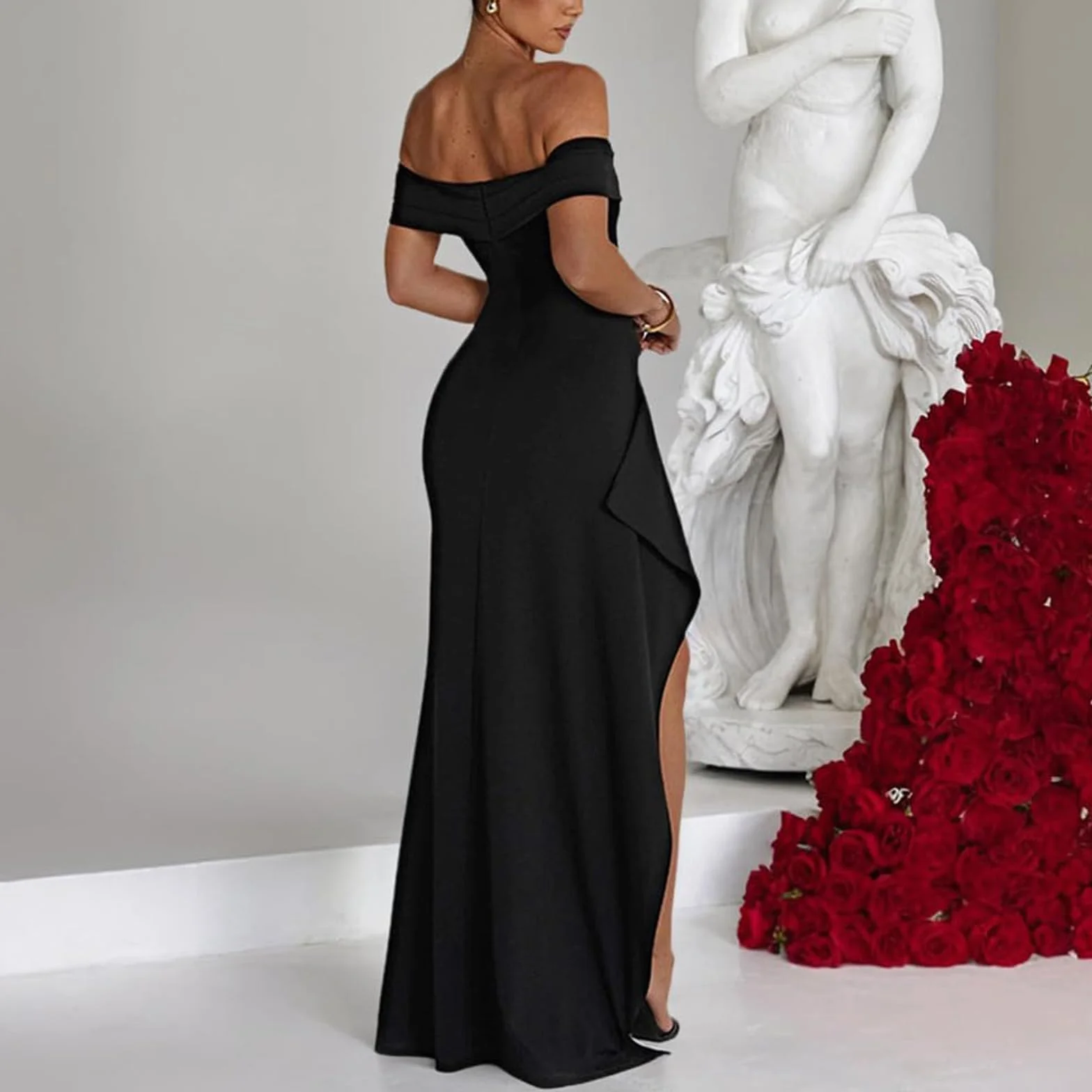 Abiti da Sera Vestito Cocktail da Donna Sexy Spalle Scoperte Maxi Abito Donna Vestiti da Cerimonia Abito con Spacco Elegante Sottile Vestito Festa Moda Lungo Vestiti Partito Banchetto