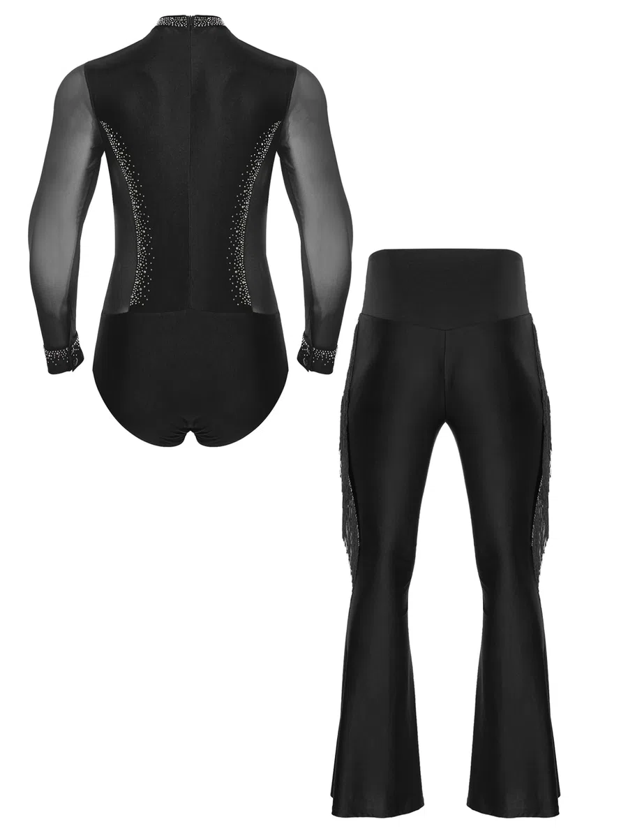 JEATHA Completo da Ballo Latino Uomo Camicia Body Danza Classica con Strass e Pantaloni a Zampa Nappe da Danza Moderna Tuta da Pattinaggio Artistico Salsa Rumba