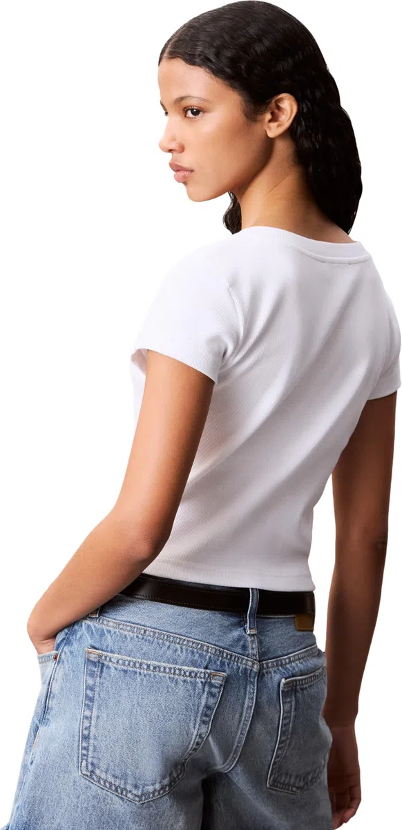 Calvin Klein Donna T-Shirt Maniche Corte Woven Label Rib Tee con Scollo a V