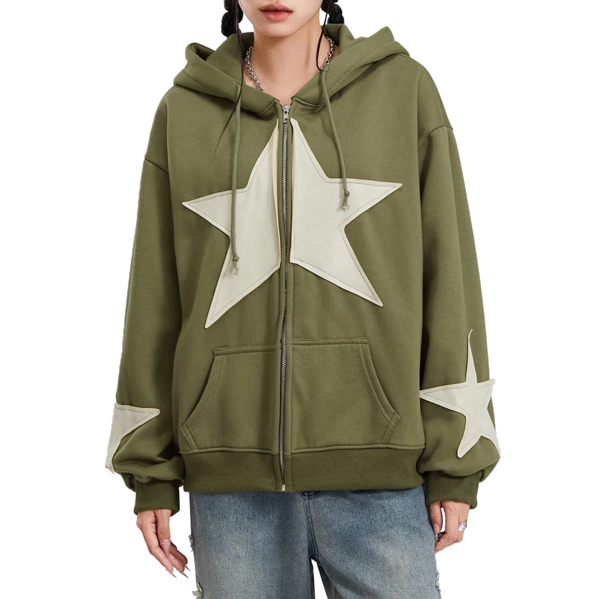 Felpa con cappuccio da donna Y2K con zip e stampa a stelle felpe oversize Fairy Grunge Graphic Giacca con cappuccio Harajuku Estetica E-Girls Streetwear