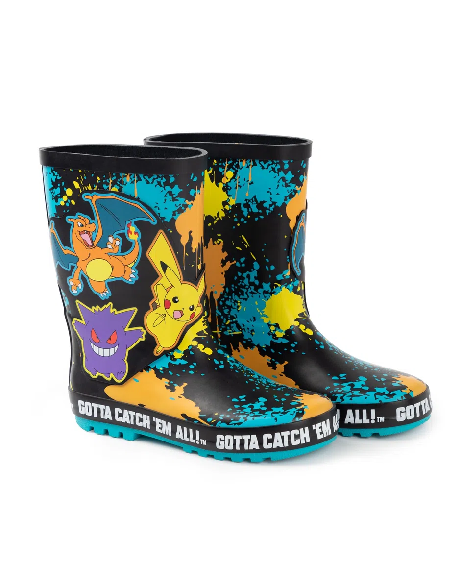Pokémon Stivali Wellington da ragazzo | Stivali di gomma per bambini con stampa dei personaggi Pikachu, Gengar e Charizard in nero Stivali di gomma resistenti all'acqua per bambini