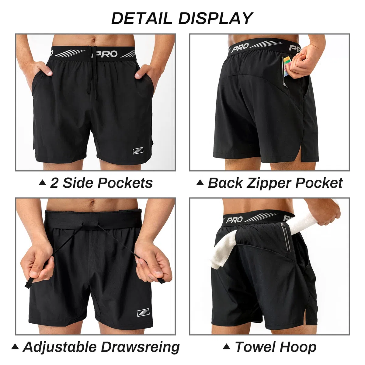 2 Pezzi Pantaloncini da Running da Uomo, 2 in 1 Pantaloncini da Corsa Uomo 9" 5" Pantaloncini Palestra Neri Leggeri ad Asciugatura Rapida Basket Tuta con Tasche Zip Passanti per Asciugamano