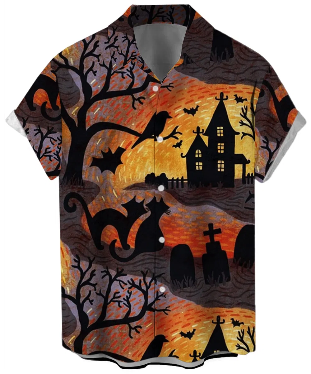 Deer Lady 2025 Halloween Button Down Camicie per gli uomini Divertenti Zucche Hawaiian Manica Corta Casual Bowling Shirt