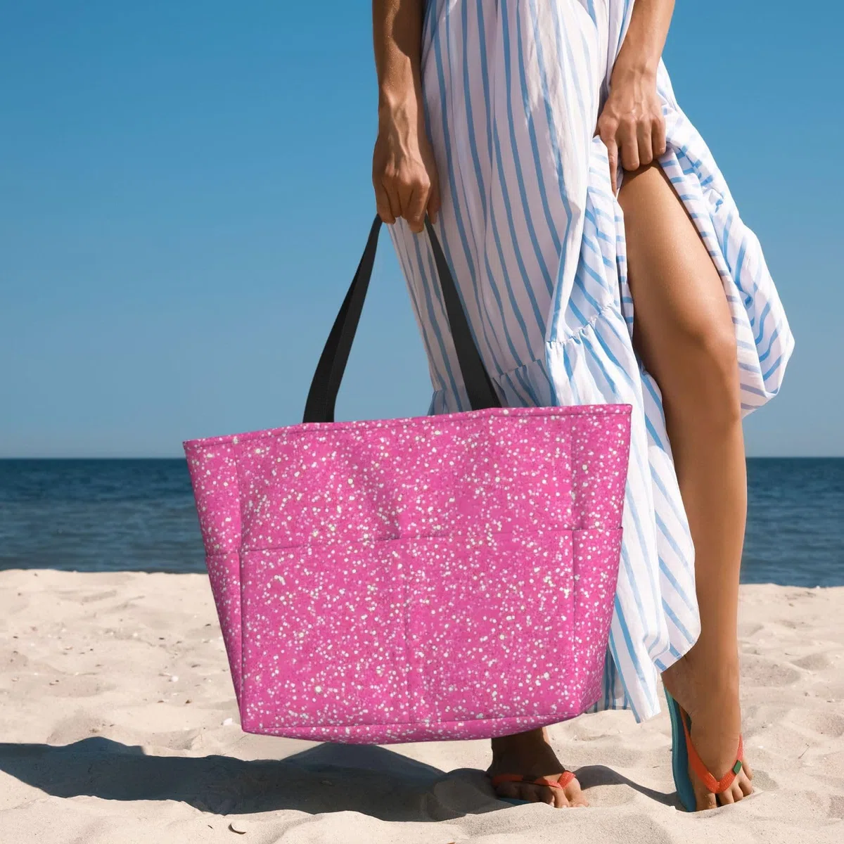 Borsa da spiaggia extra large con glitter rosa scintillante con tasche con cerniera, borsa impermeabile per piscina, picnic, palestra e viaggi