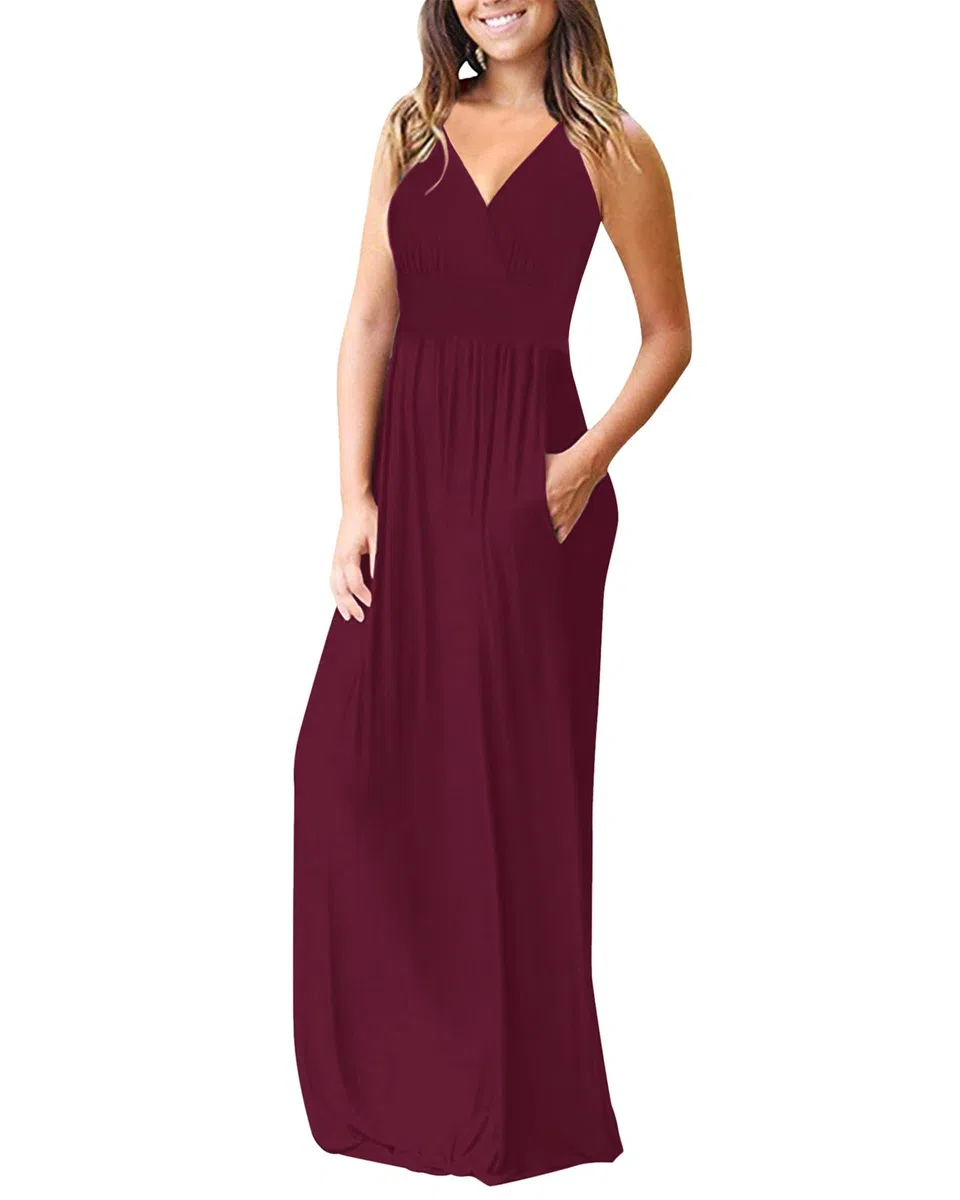AUSELILY Vestito Donna Estivo Lungo Curvy Scollo a V Senza Maniche Abito Taglie Forti Casual con Tasche