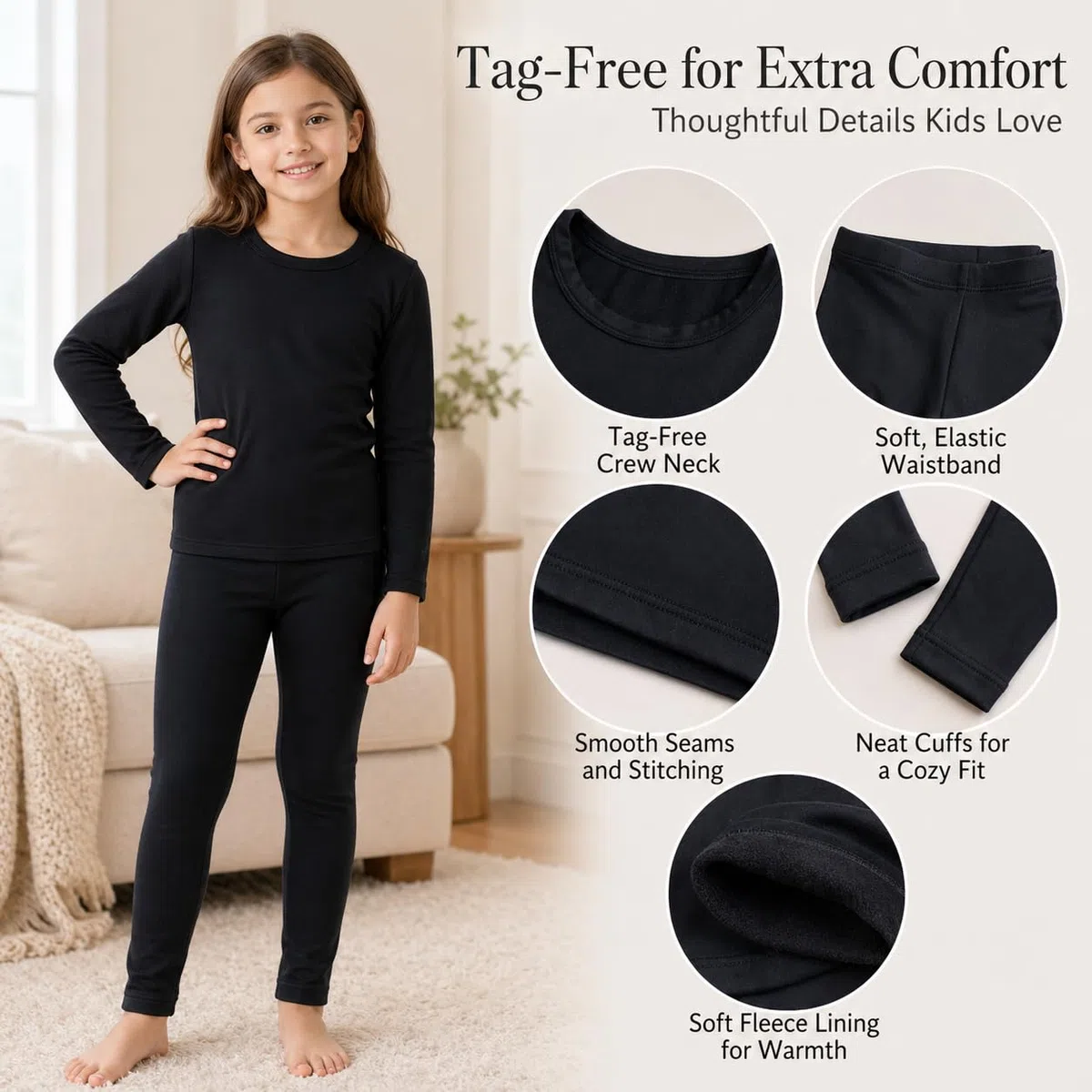 Completo Intimo Termico Bambina Invernale Maglia e Leggings Foderati in Pile, Caldo, Elasticizzato, Morbido e Traspirante (Nero, L)