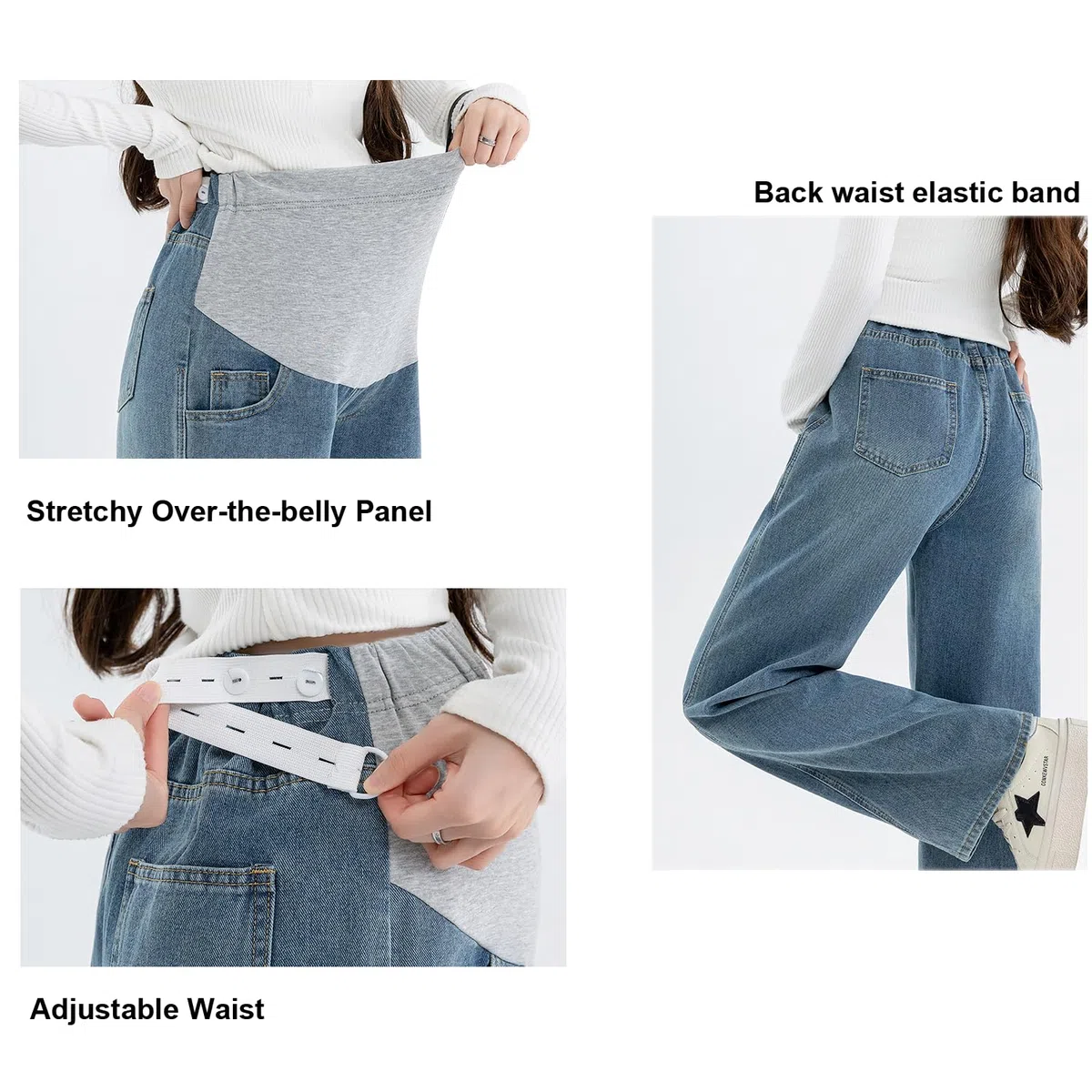 Alled Premaman Jeans Copri Pancia, Donne Gravidanza Gamba Larga Elastica Pantaloni Vita Regolabile, Jeans maternità Soldato con Tasche Lounge Pantaloni