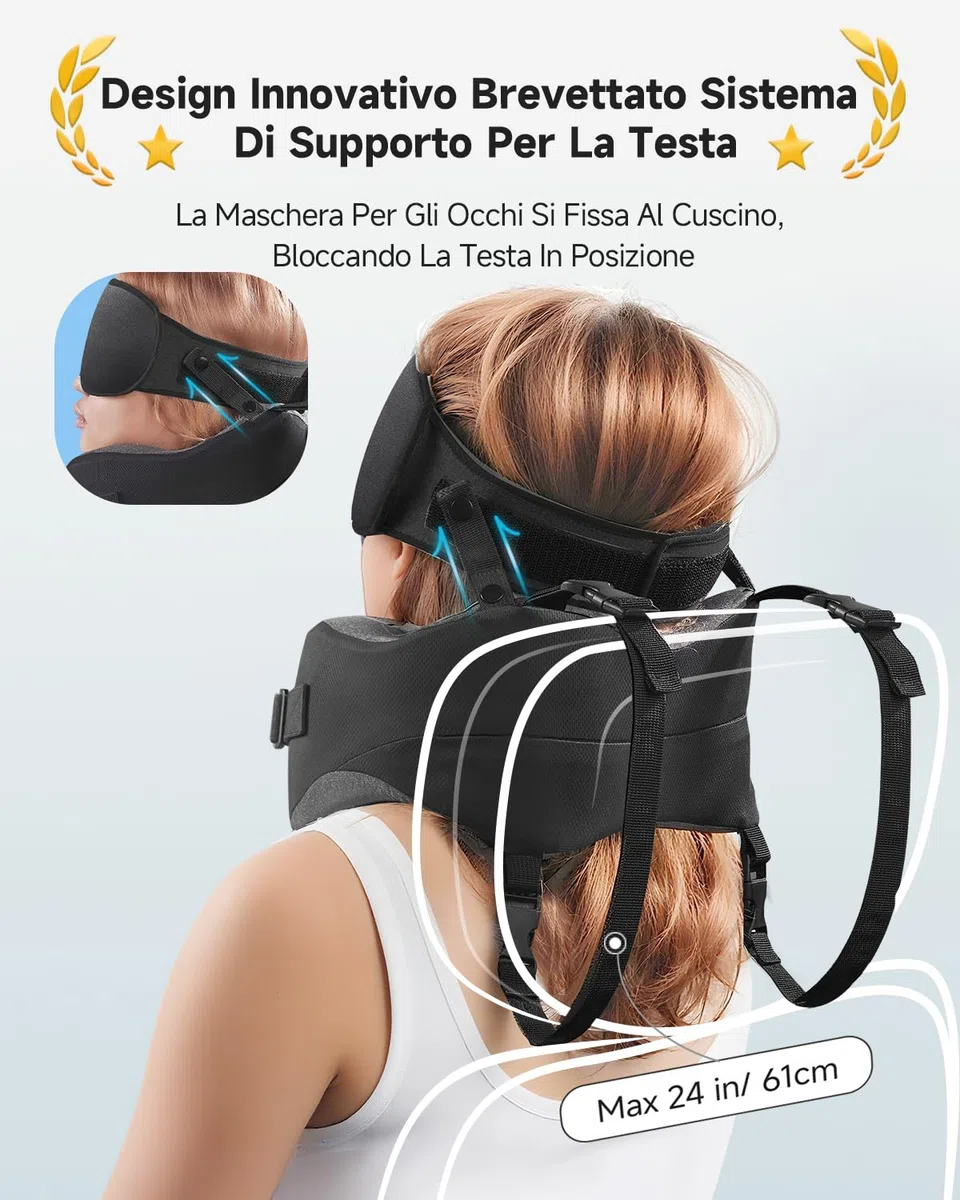 Umisleep Cuscino da Viaggio Memory Foam, Cuscino Cervicale per Aereo con Supporto 360°, con Maschera Occhi 3D, Cuscino da viaggio anticaduta testa per aereo, Ideale per Voli Lunghi (Nero)