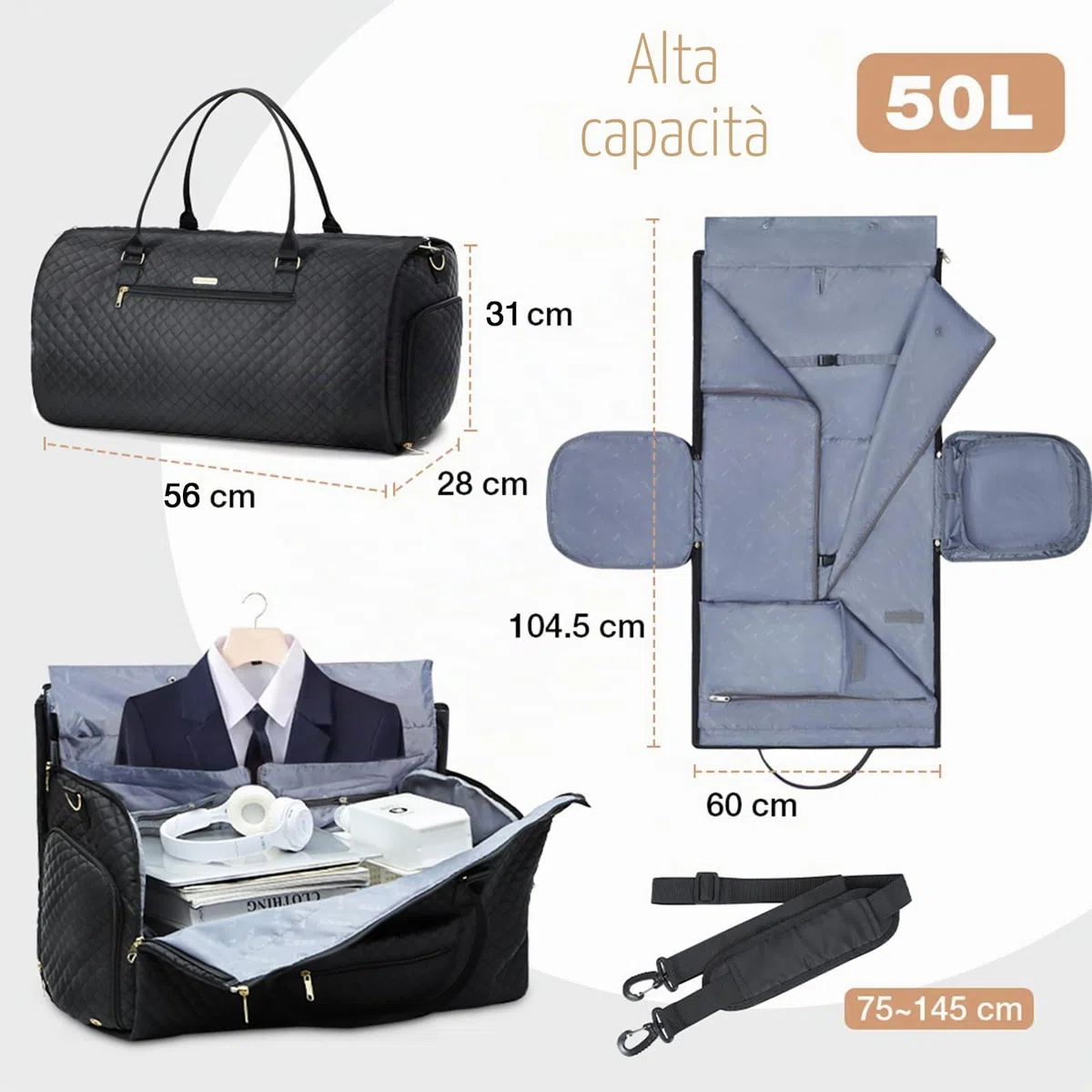 Lekeinchi 2 in 1 Porta Abiti da Viaggio Donna, Impermeabile Borsa da Viaggio Porta Abiti Pieghevole con 6 Cubi da imballaggio e Porta Scarpe, Travel Bag Borsone Uomo for Palestra, Vacanze, Nero