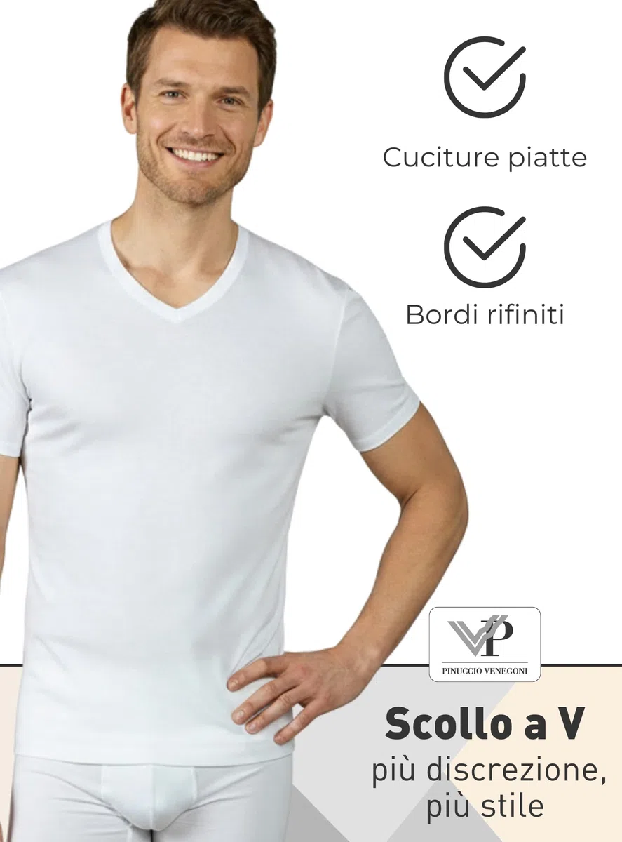 VP PINUCCIO VENEGONI Set 2 Maglietta Scollo a V Uomo in Cotone Filo di Scozia | Maglietta Intima Uomo Bianca Manica Corta | T Shirt Intimo da Uomo | Made in Italy