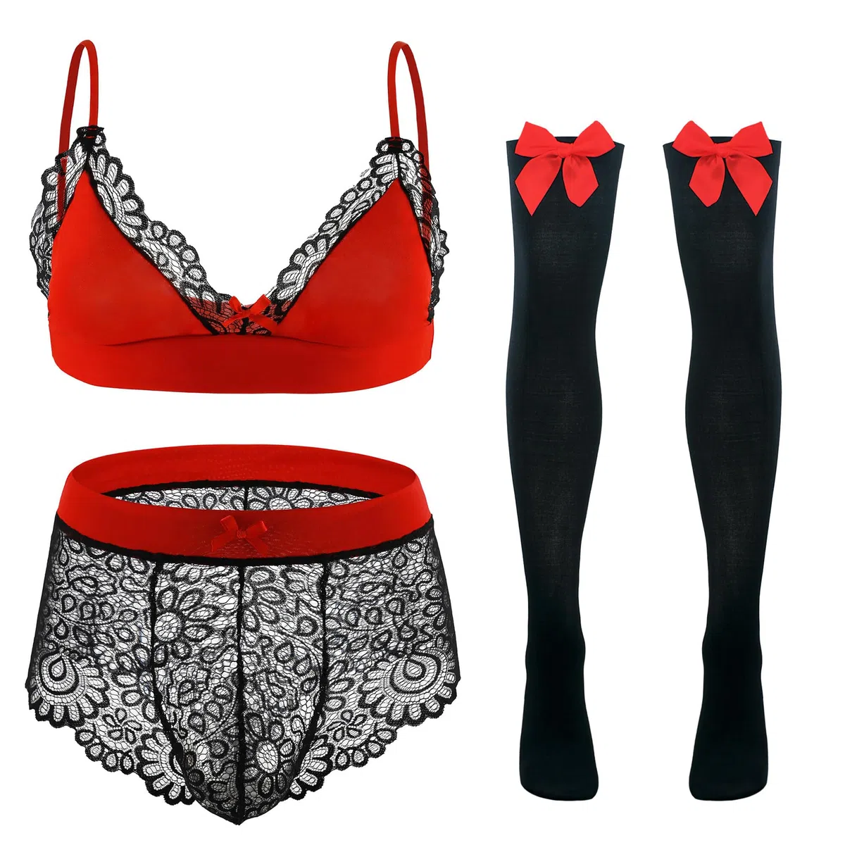 Happy Cherry Bikini Crossdressing Lingerie Set per Uomini Reggiseno Biancheria Intima Calze Set 3 Pezzi