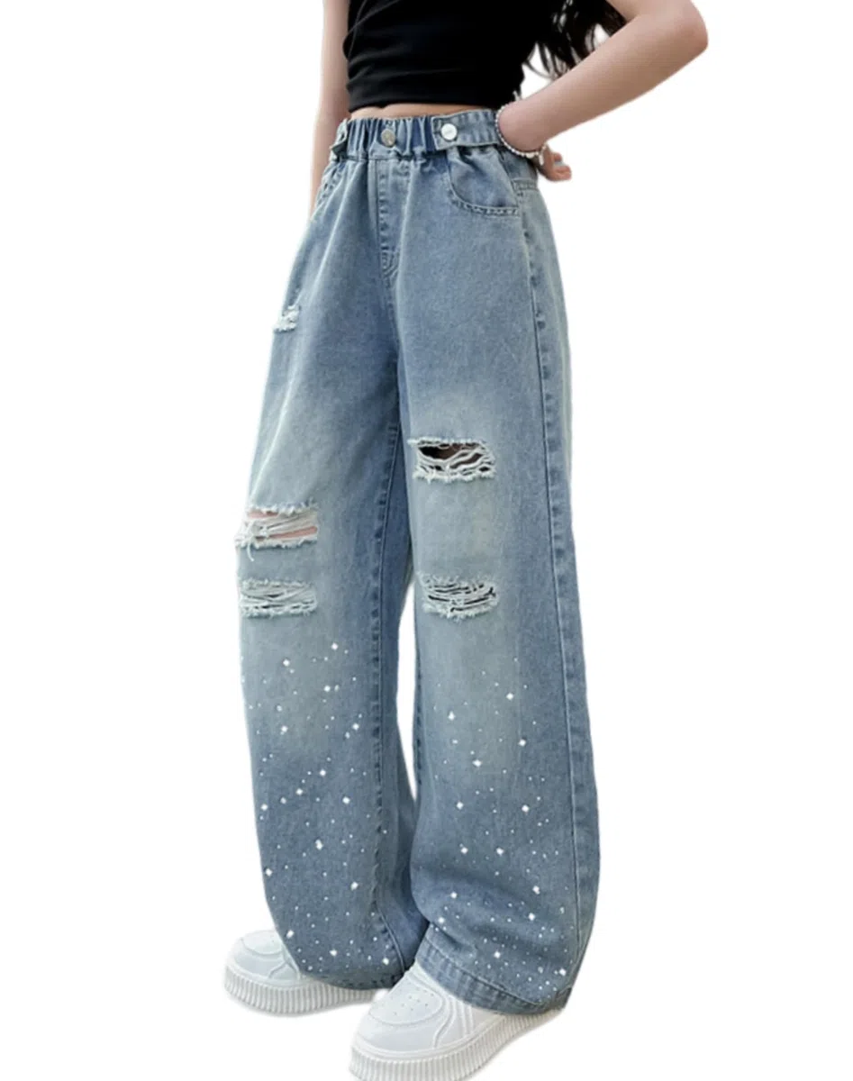 Rolanko Jeans Ragazze, Loose Denim Pantaloni Vita Elastico Moda Rotti Blu per Bambini