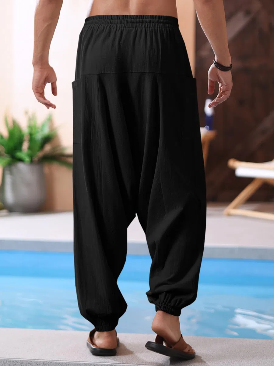 Runcati Pantaloni harem da uomo in cotone baggy hippie, casual, in lino, da spiaggia, da cavallo profondo