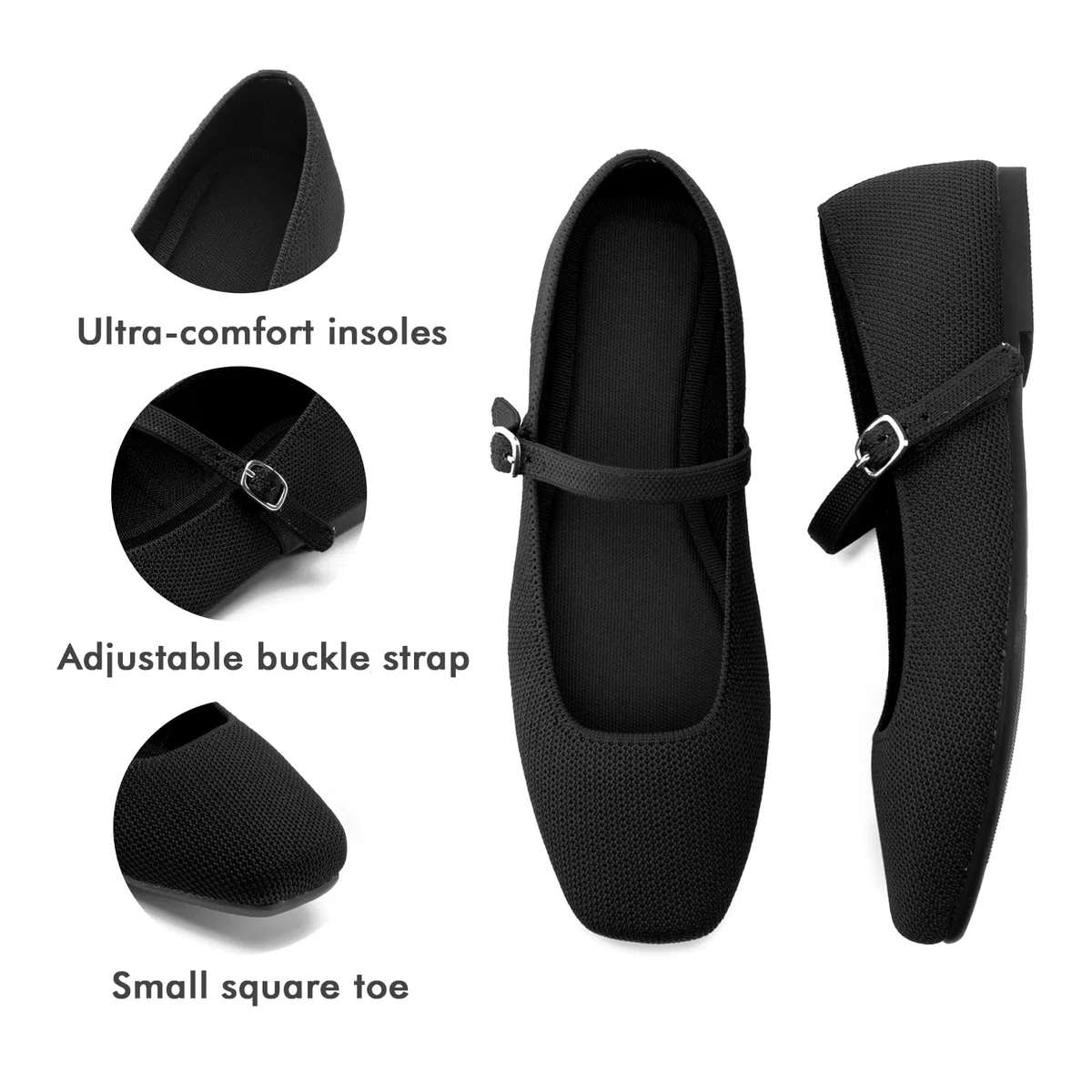 Soesyi Ballerine da donna in maglia con punta quadrata casual con cinturino alla caviglia, scarpe Mary Jane da donna comode per ufficio elegante