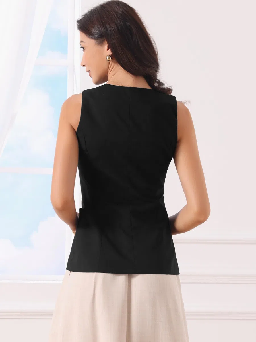 Allegra K Gilet in Cotone e Lino per Donna Estivo Senza Maniche con Bottoni Scollo a V Blazer