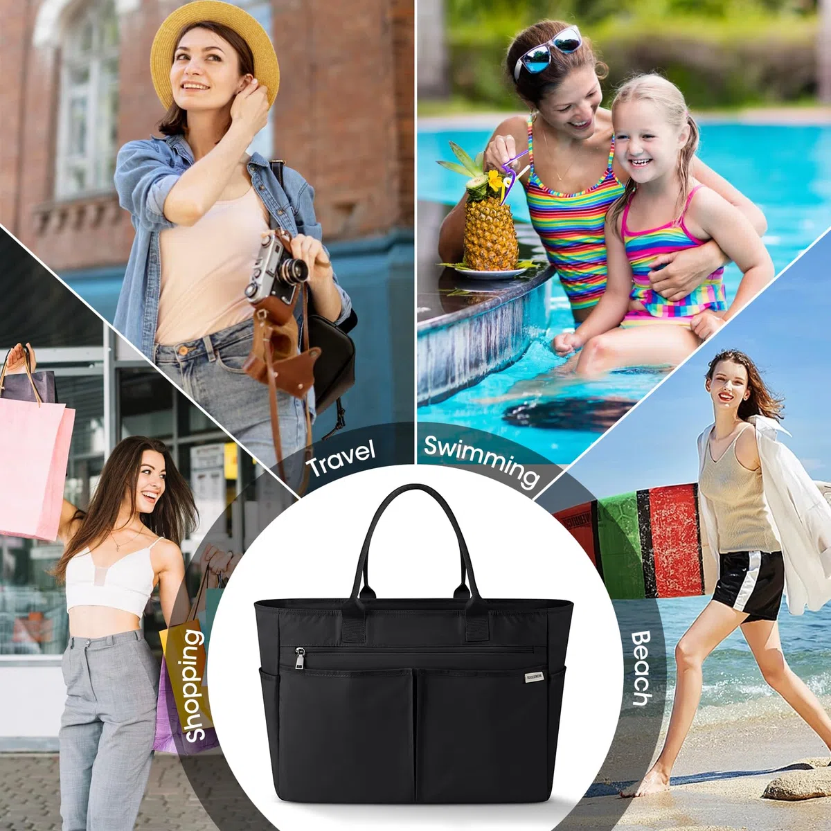 IGOLUMON Borsa Mare Donna Grande XXL Famiglia Borsa Spiaggia con Cerniera Capacità 40L Pieghevole Borse Tote per Mare Viaggio Shopping Nero