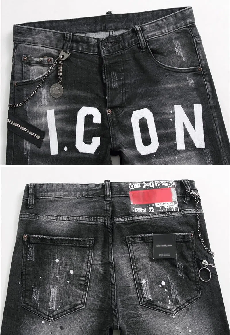 Jeans Uomo Slim Fit - Pantaloni Casual Elasticizzati con con Spruzzi di Inchiostro, Stile Urban e Streetwear Y2K