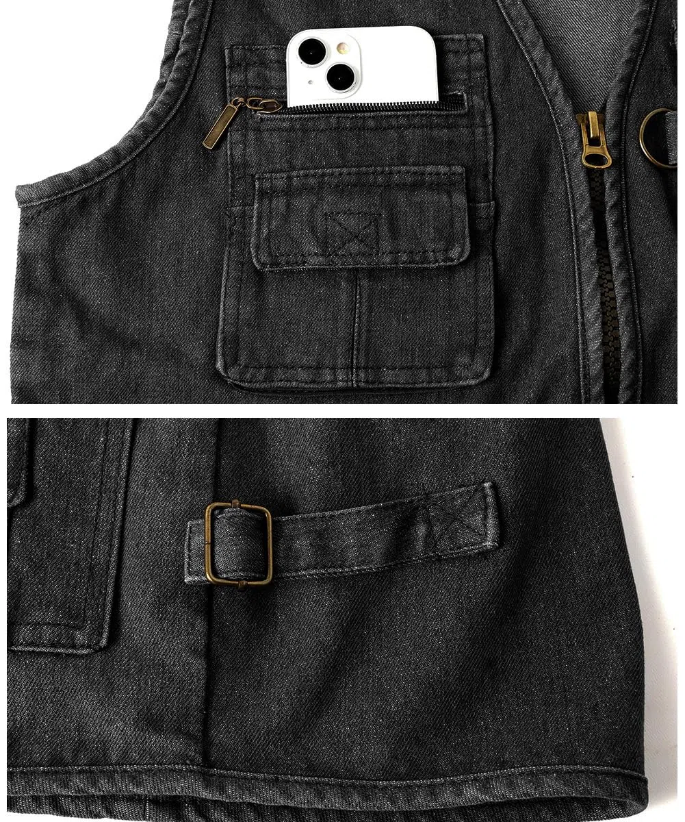 Gilet di Jeans da Uomo Multi-Tasca Gilet Moto Giacca Denim Vintage Smanicato Jeans Giubbino da Lavoro con Cerniera