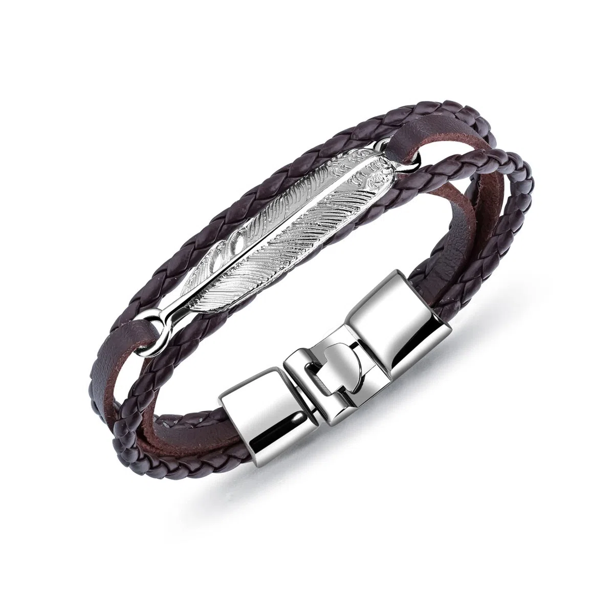 Bracciale da Uomo Bracciale in Pelle Bracciale in Acciaio Inossidabile Bracciale Intrecciato Bracciale in Pelle con Piuma Intrecciata Multistrato retrò