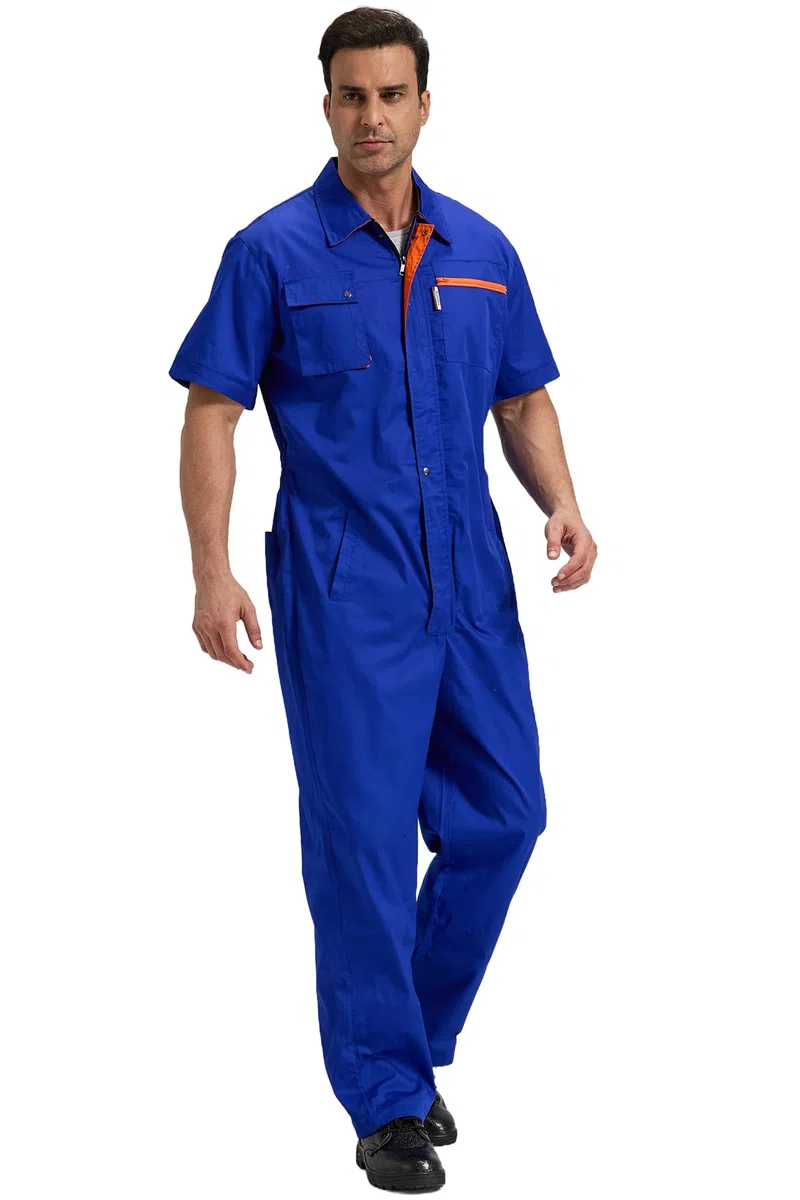 Tuta da Lavoro Intere da Uomo Tute da Meccanico Manica Corta Leggero Tute da Lavoro Estate Traspirante Salopette da Lavoro, Blu, S