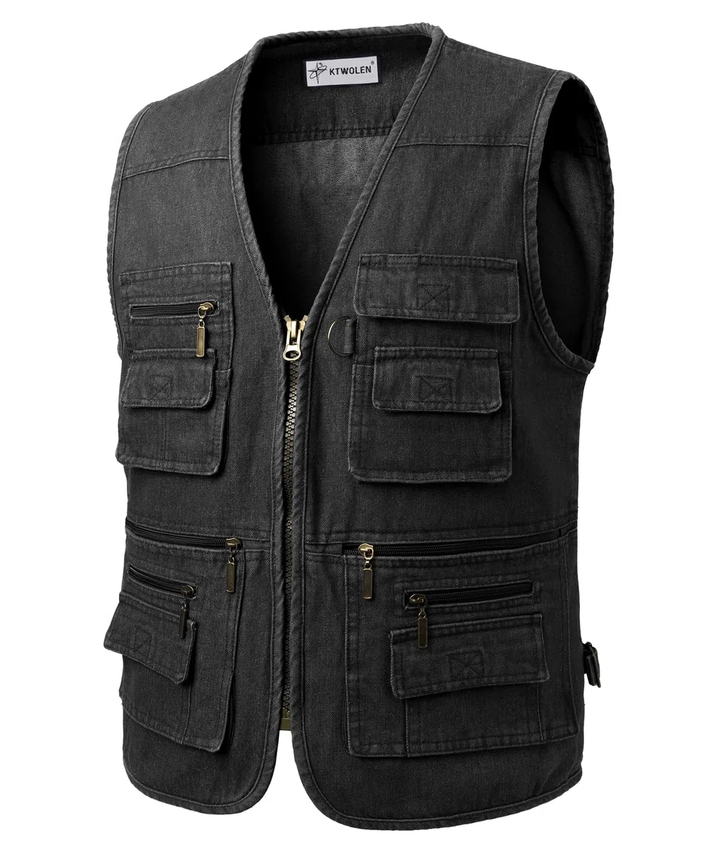 Gilet di Jeans da Uomo Multi-Tasca Gilet Moto Giacca Denim Vintage Smanicato Jeans Giubbino da Lavoro con Cerniera