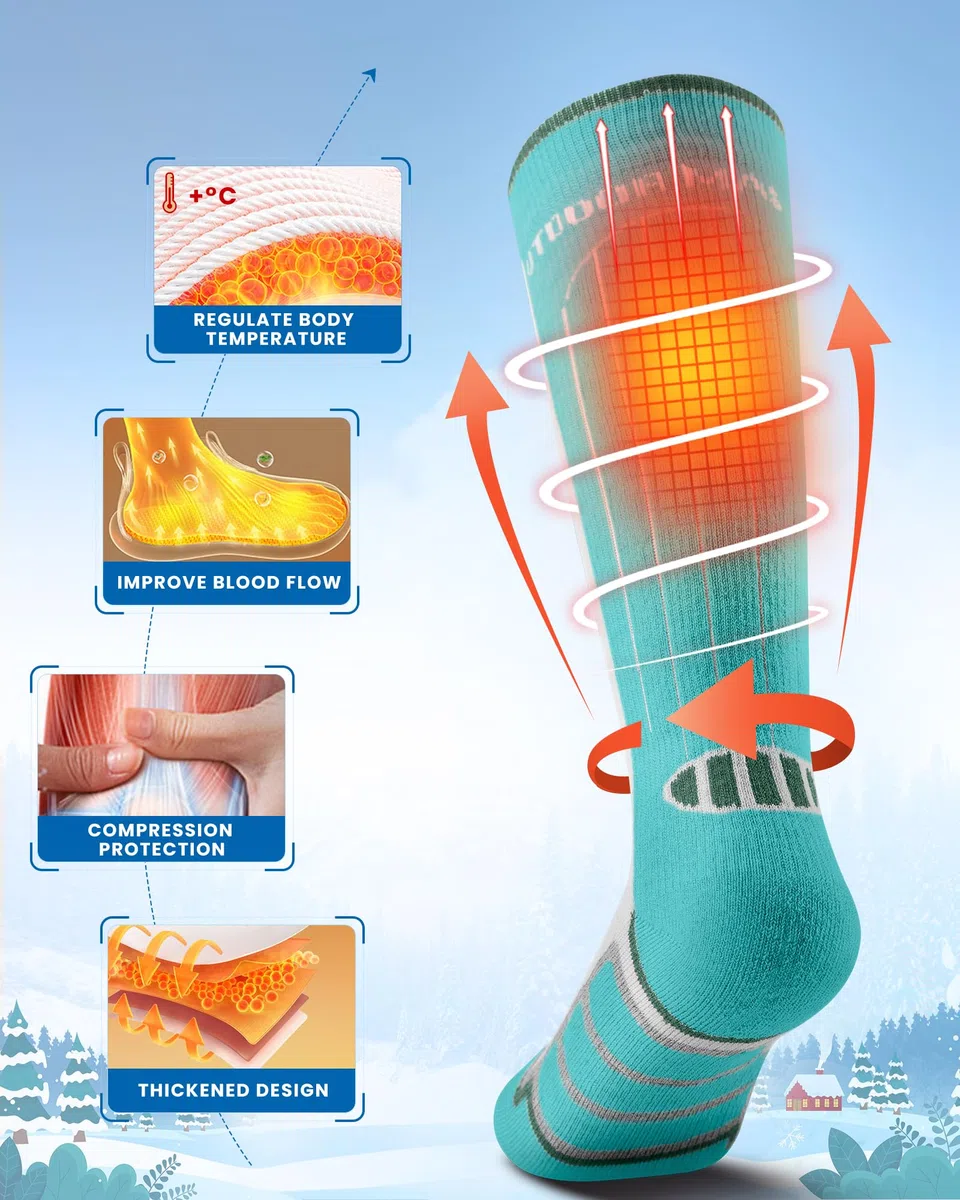 OutdoorMaster Calzini da Sci per Bambini, Confezione da 2 Calzini Termici a Compressione Invernale in Lana Merino con Ragazzi e Ragazze, Polsino Antiscivolo sopra Il Polpaccio per Sci, Snowboard