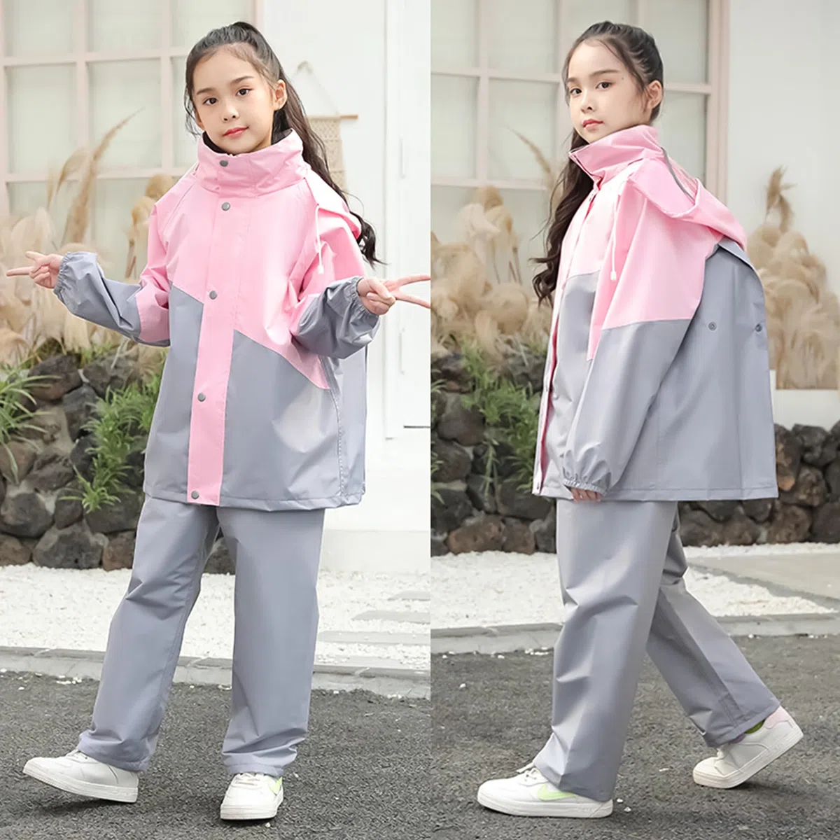 Volunboy Tuta Impermeabile Ragazze Ragazzi, Leggero Antipioggia Giacca & Pantaloni con Cappuccio Pioggia Completo
