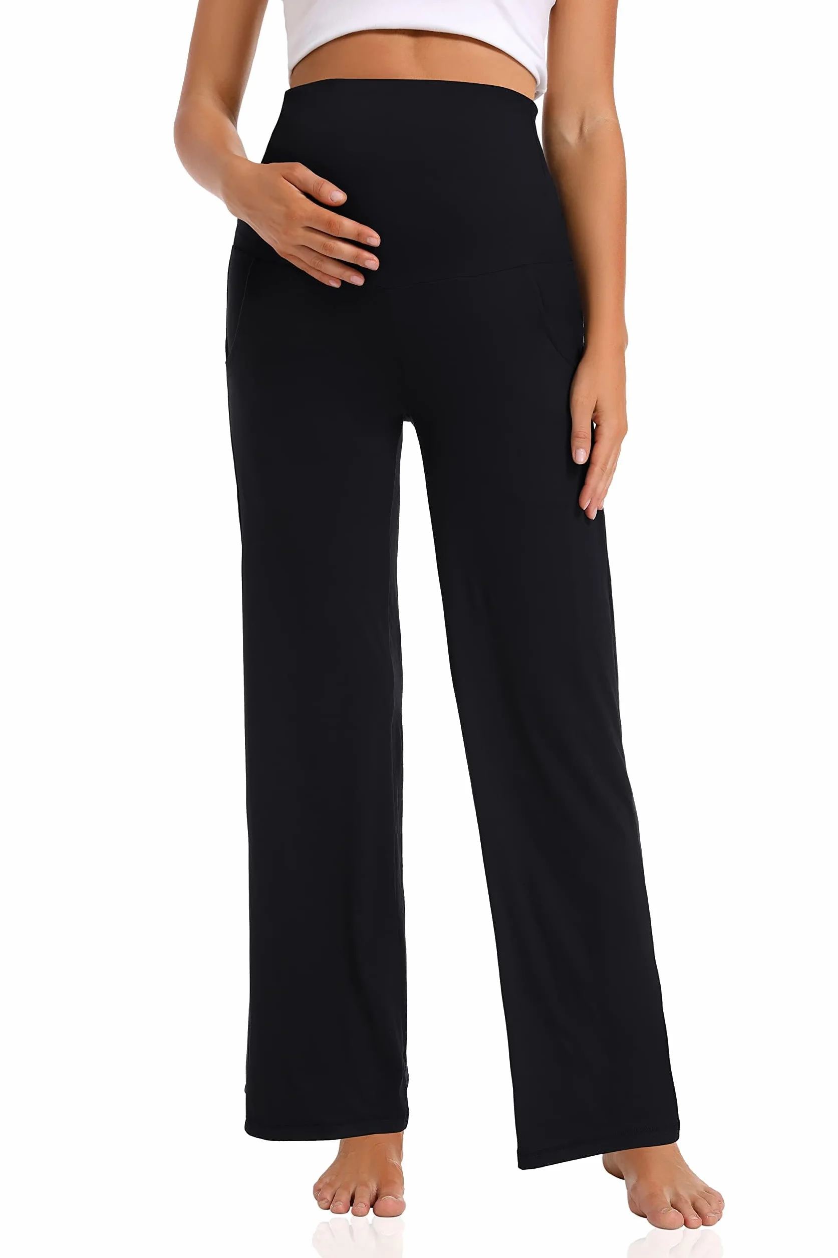 Pantaloni premaman gamba larga donna gravidanza casual largo gamba dritta lounge pantaloni con tasche pantaloni gravidanza