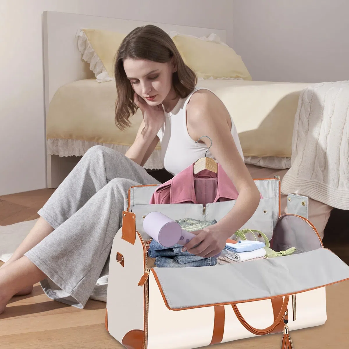 Borsone da Viaggio, Porta Abiti da Viaggio, Travel Bag con Custodia Per Scarpe, Grande Borsa da Viaggio Donna, Borsa da Viaggio Porta Abiti Pieghevole, Borsa Per Valigie Sospesa 2 In 1 (Bianco)