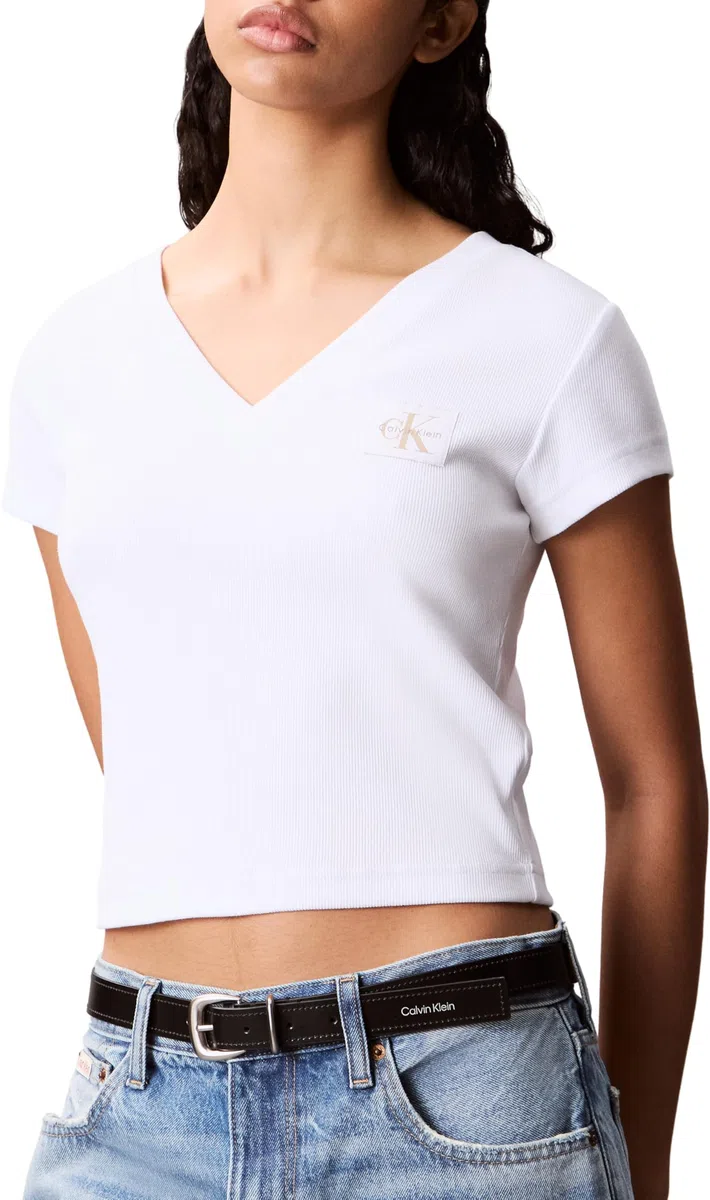Calvin Klein Donna T-Shirt Maniche Corte Woven Label Rib Tee con Scollo a V