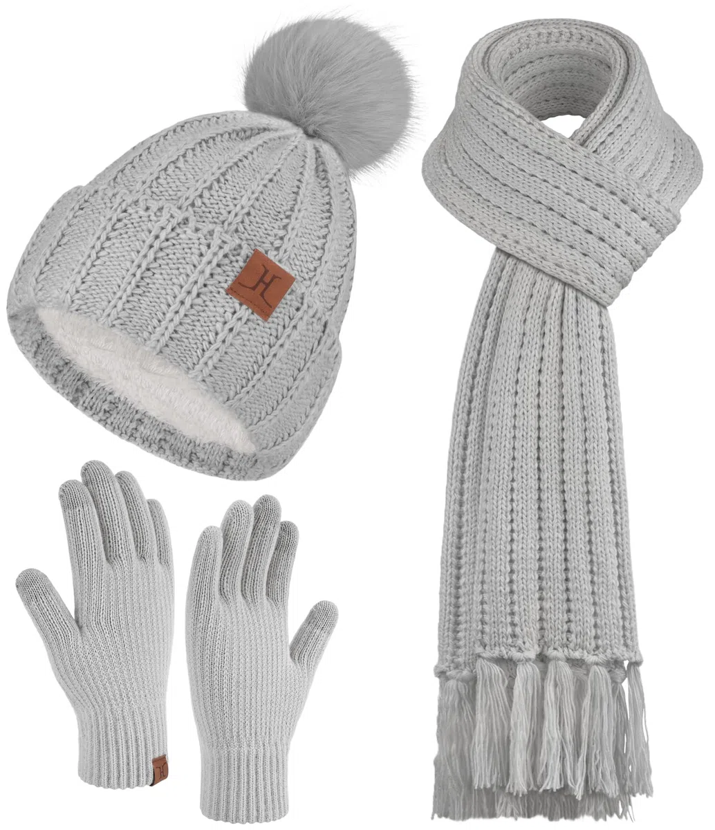 ZASFOU Donna Cappello Invernale Sciarpa Guanti Touch Screen Set Caldo Maglia a Trecce Pompon Maglia Berretto Cappelli Pile Foderati Scaldacollo Guanto Regalo Donna