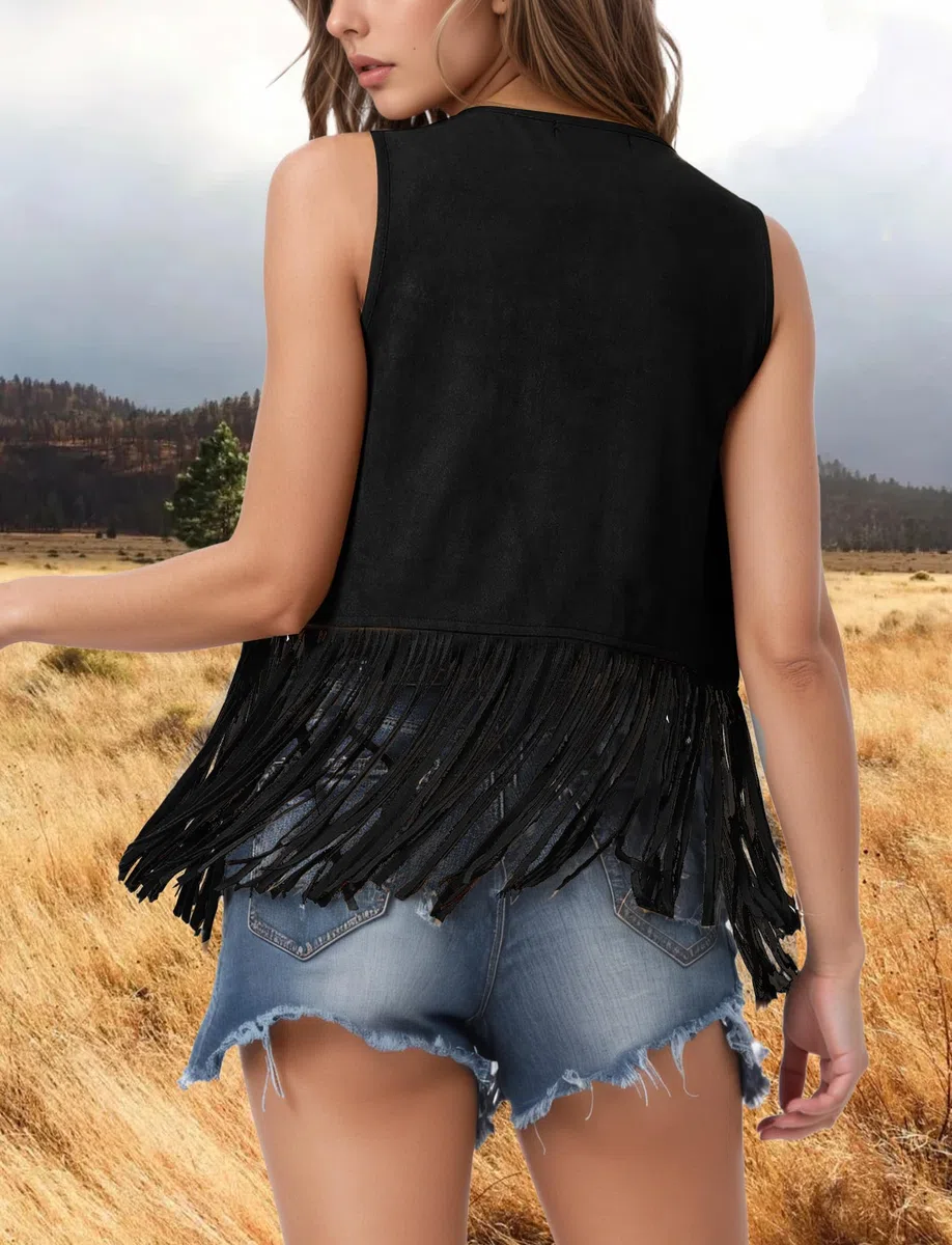 Maeau - Gilet Donna Senza Maniche Faux Camoscio con Franges Casual Giacca Senza Bottoni Stile Cowboy S-XXL
