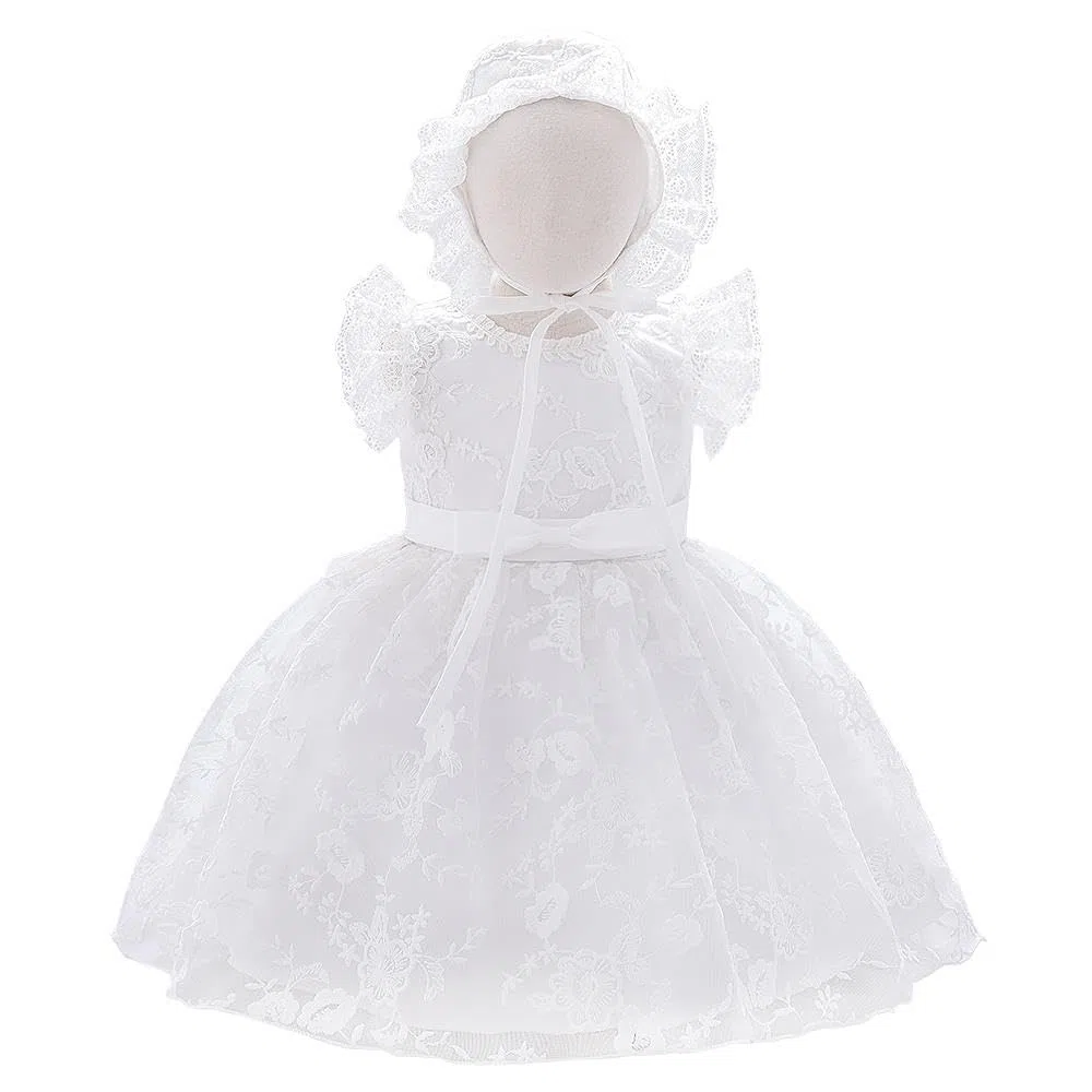 Lito Angels Vestito Abito Bianco Ricamato da Battesimo con Cappello in Pizzo per Bimba Taglia 3-24 Mesi