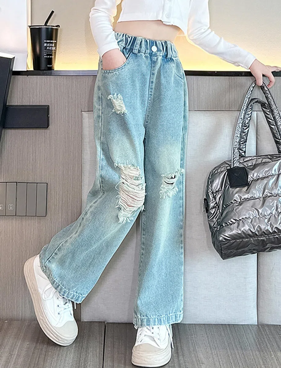 Happy Cherry Jeans Larghi Bambina Pantaloni Lunghi in Denim all Moda Pantaloni Strappati Vita Alta Elasticizzata con Tasche per Ragazze 5-15 Anni
