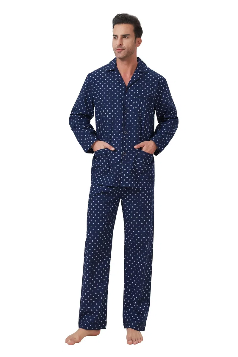 Amaxer Classico Pigiama da Uomo in Due Pezzi,in Cotone,da Notte,a Maniche Lunghe,con Tasche,con Coulisse